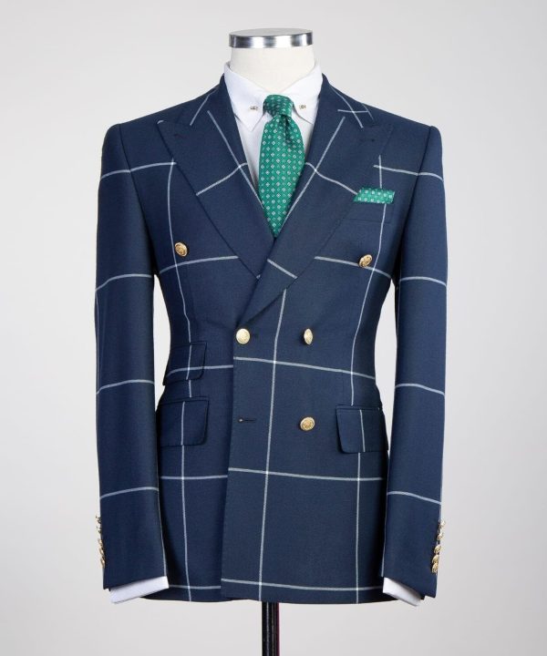 Navy Blue Plaid Double Breast Suit