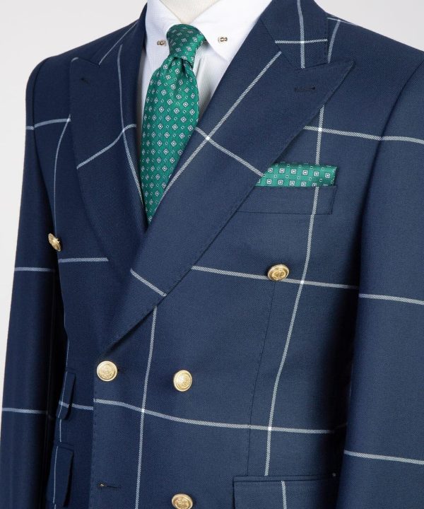 Navy Blue Plaid Double Breast Suit - Image 3