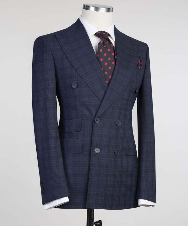 Navy Blue Checked Double Breast Suit - Image 3