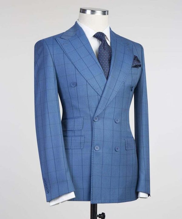 Light Blue Checked Double Breast Suit - Image 3
