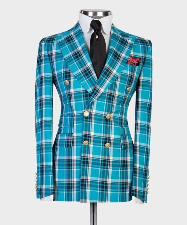 Light Blue Checked Double Breast Suit - Image 3