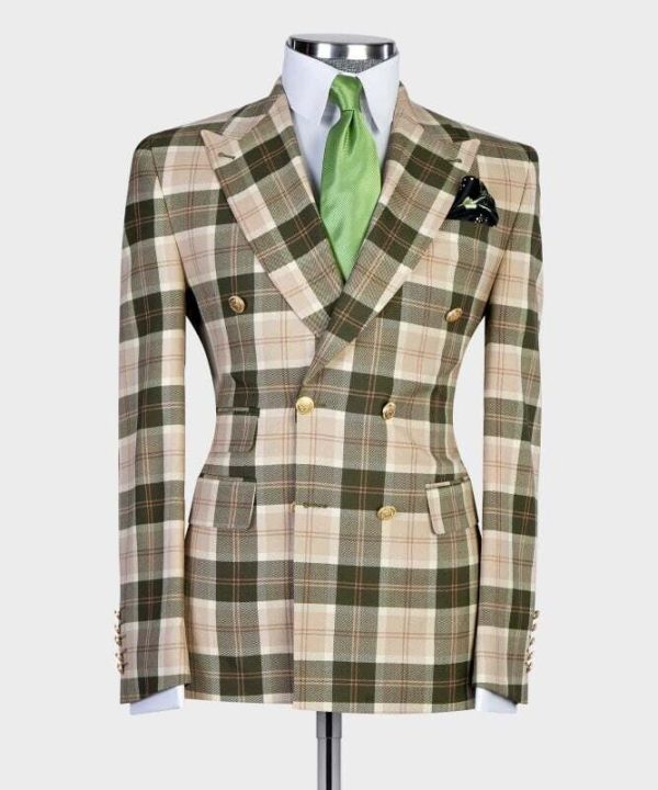 Olive Green Checked Double Breast Suit