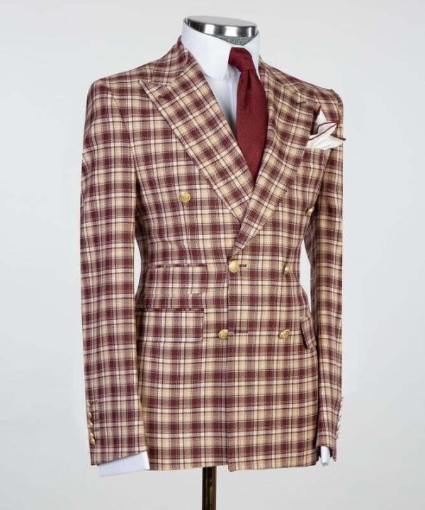 Burgundy Checked Double Breast Suit - Image 4
