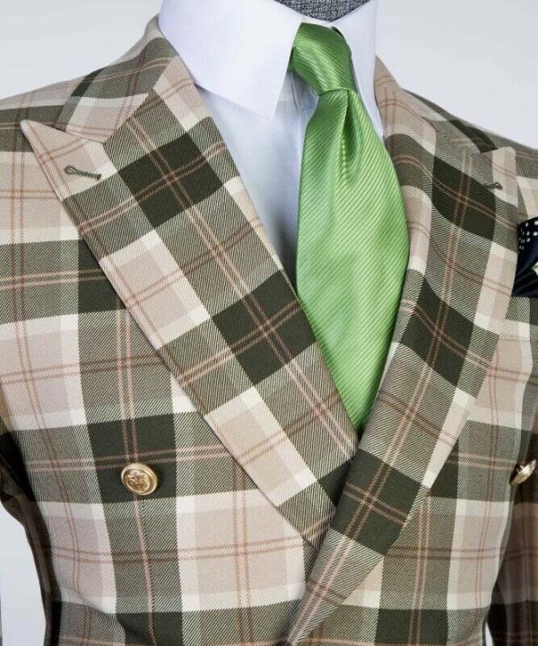 Olive Green Checked Double Breast Suit - Image 3