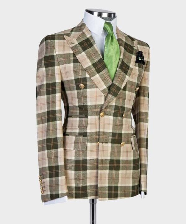 Olive Green Checked Double Breast Suit - Image 4