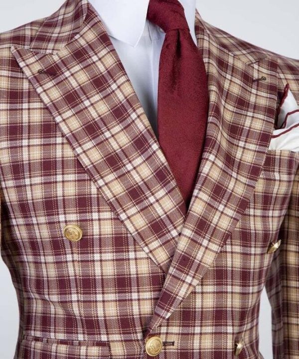 Burgundy Checked Double Breast Suit - Image 3